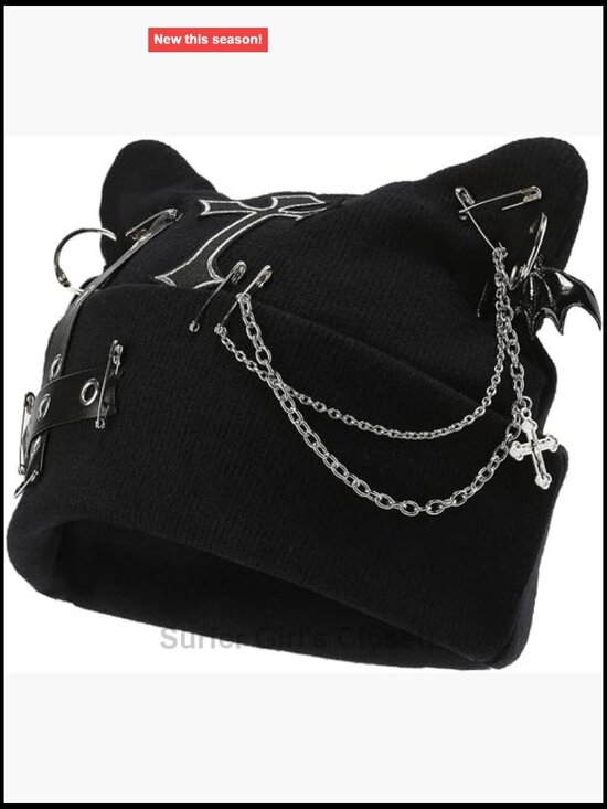 Goth Cat Ear Beanie Hat Punk Y2k Grunge Knitted Streetwear Skullie for Women main image 6